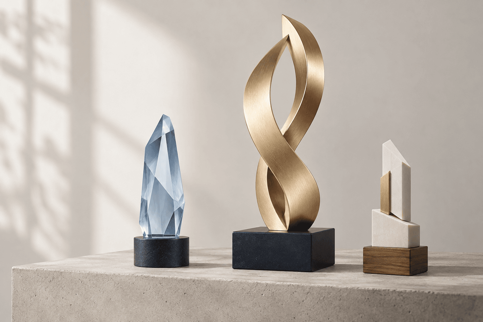 Illustrative trophy concepts in metallic, translucent and mixed-material finishes